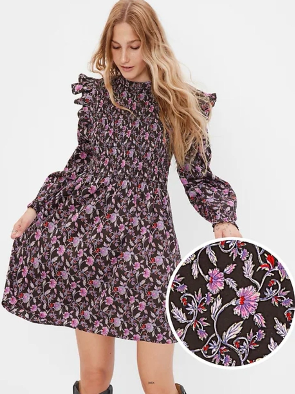 GAP Black Floral Smocked Long-Sleeve Dress with Pink Accents